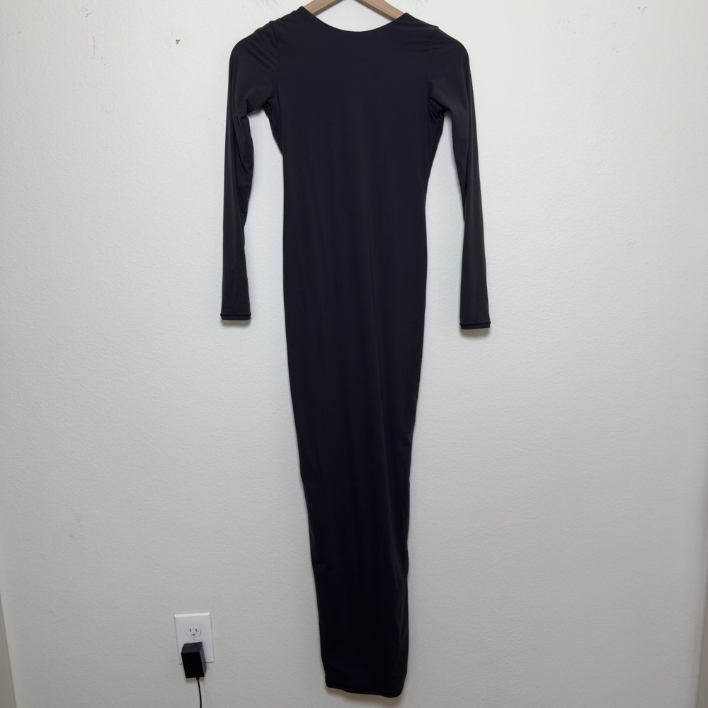 SKIMS Women Maxi Dress Small Gray Long Sleeve‎ Open Back Bodycon Lounge Stretch